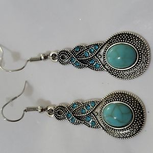 Antique Silver Diamond Turquoise Drop Earrings